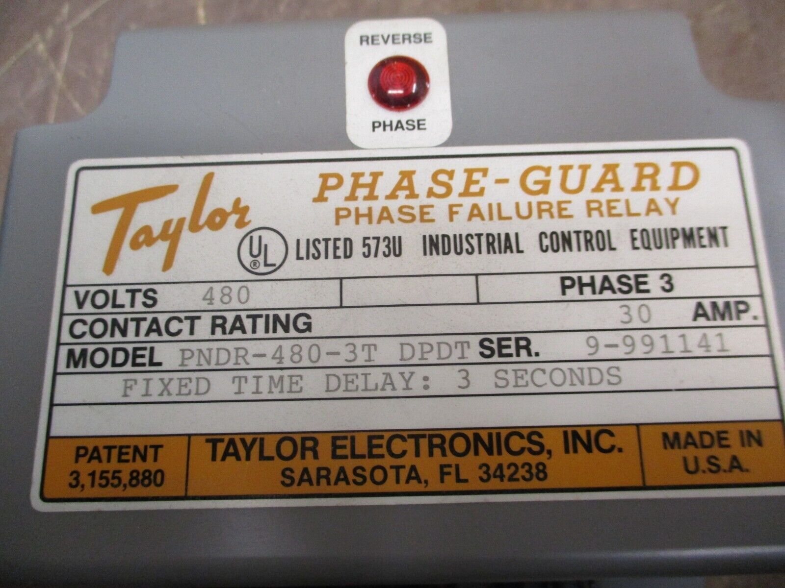 Taylor Phase-Guard Phase Failure Relay PNDR-480-3T DPDT 480V 30A 3Ph Used