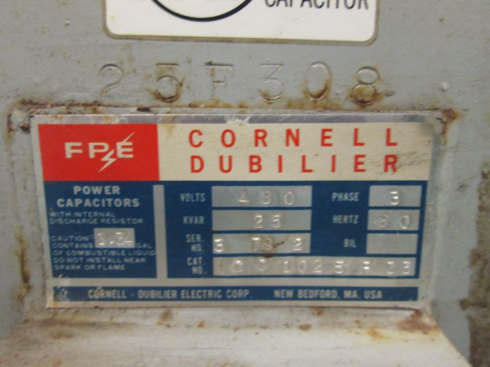 FPE/Cornell Dubilier Power Capacitor 1001025F03 480V 25 KVAR 3Ph 60Hz Used
