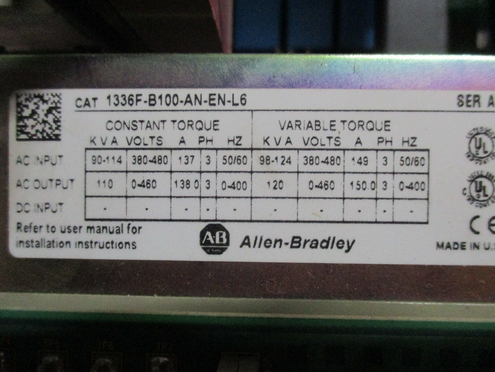 Allen-Bradley 1336 Plus II AC Drive w/ Bypass 1336F-B100-AN-EN-L6 100HP, Used