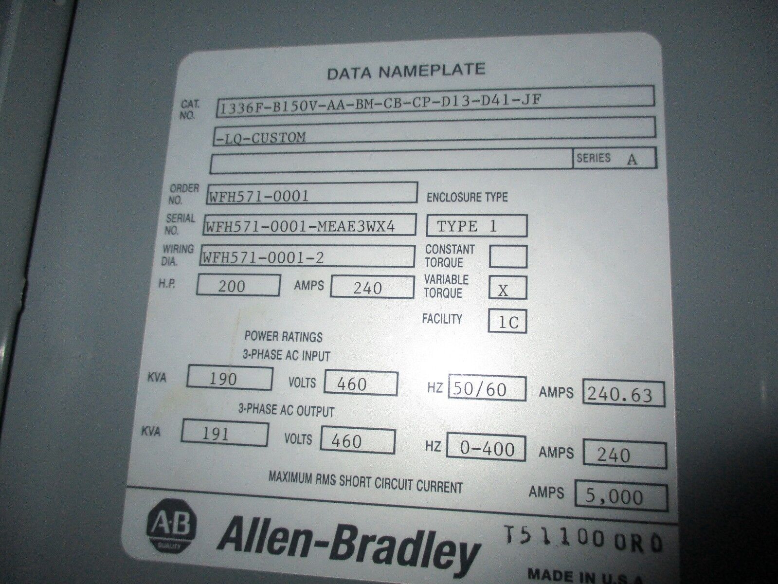 Allen-Bradley 1336 Plus II AC Drive w/ Bypass 1336F-B100-AN-EN-L6 100HP, Used