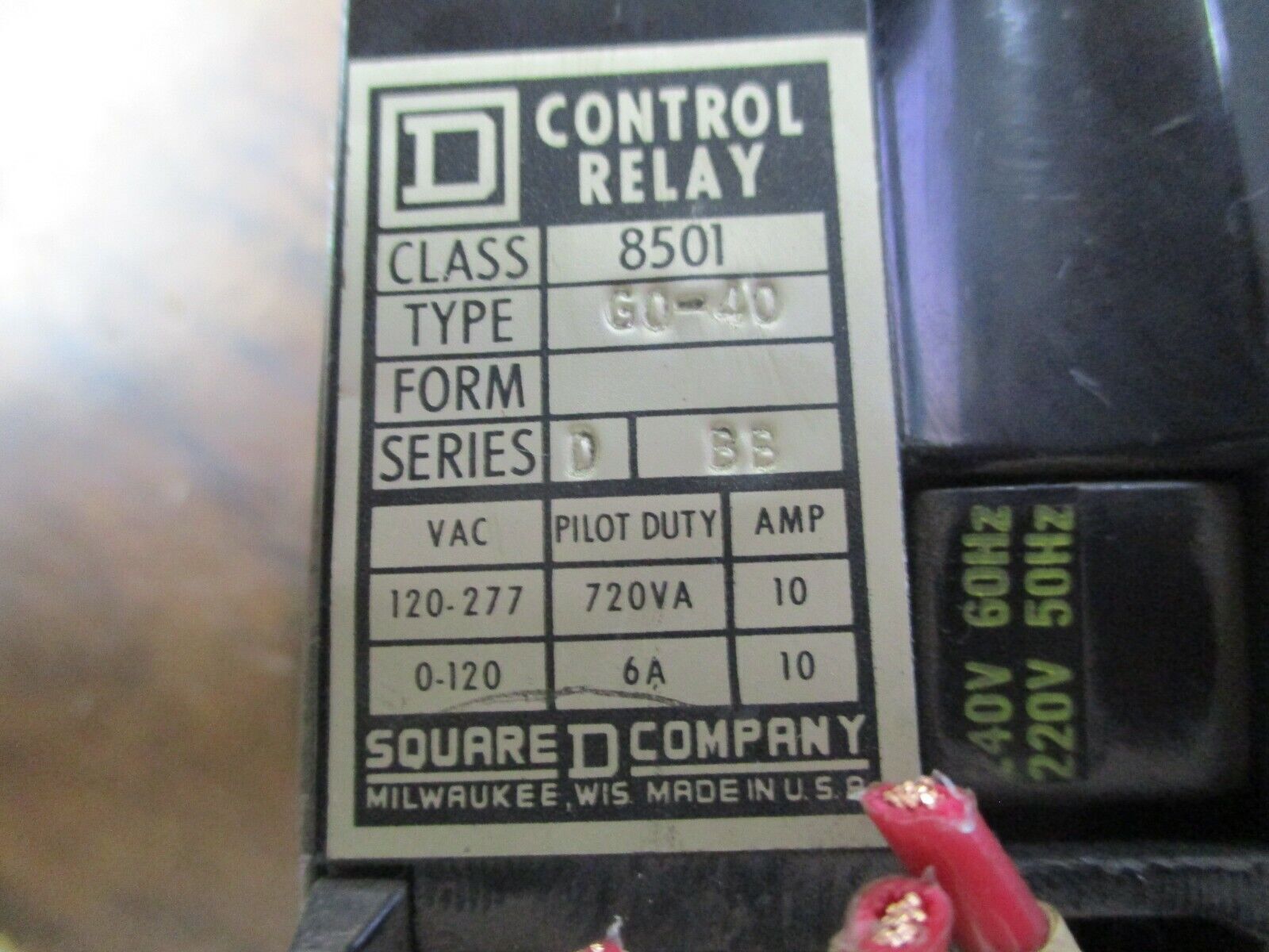 Square D Control Relay 8501 G0-40 Ser. D 240V Coil 10A Used