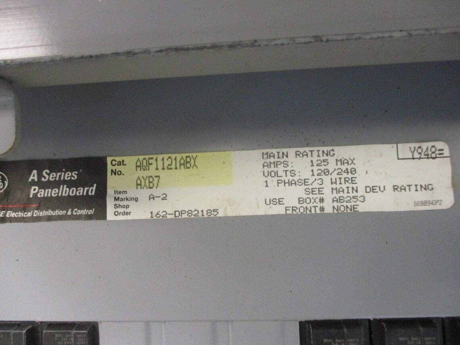 GE A-Series Panelboard AQF1121ABX AXB7 125A Max 120/240V 1Ph 3W Type 3R/12 Used