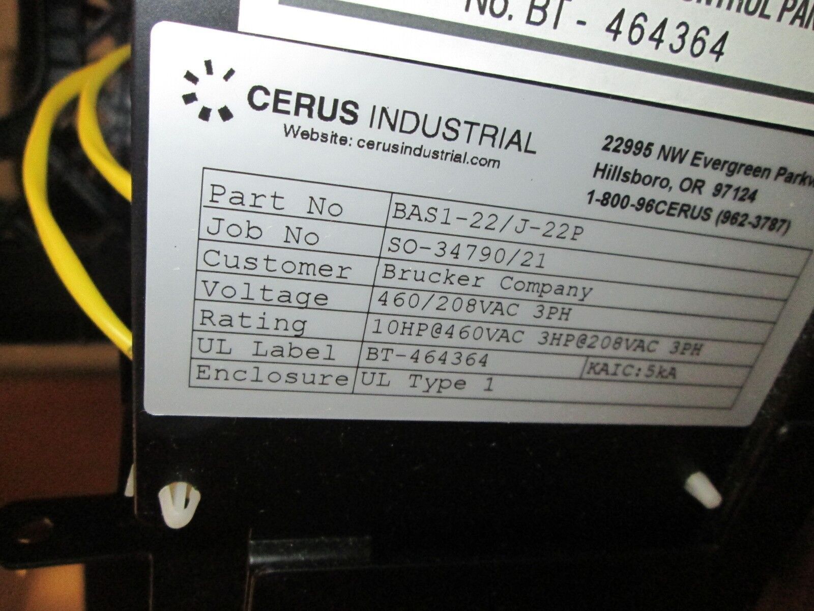 Cerus Motor Starter BAS1-22/J-22P 10HP/3HP 460/208VAC 3Ph nema 1 enclosure Used