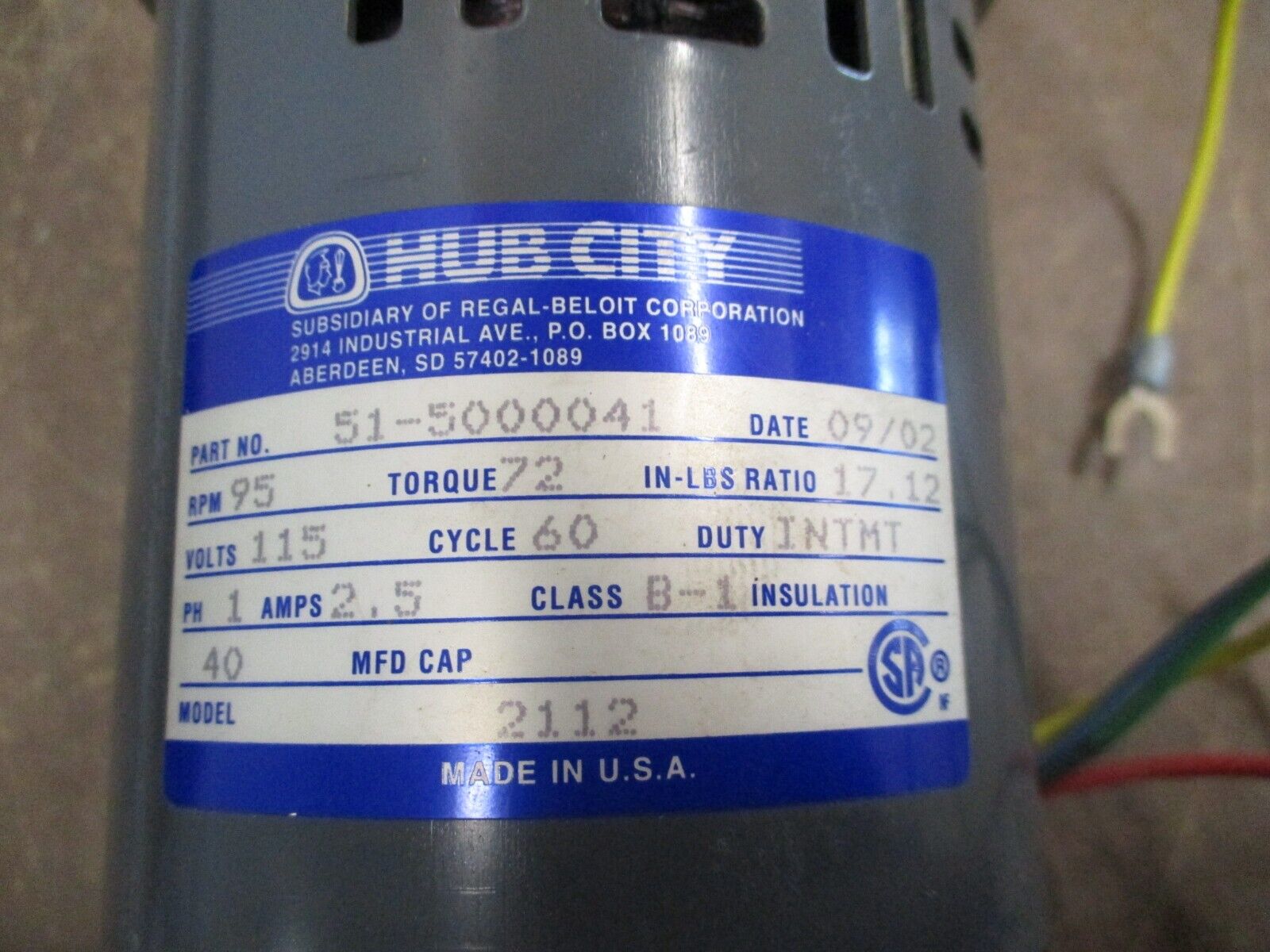 Hub City Model 2112 Gear Motor 51-5000041 115V 1Ph 60Hz 2.5A 95RPM Ratio 17.12