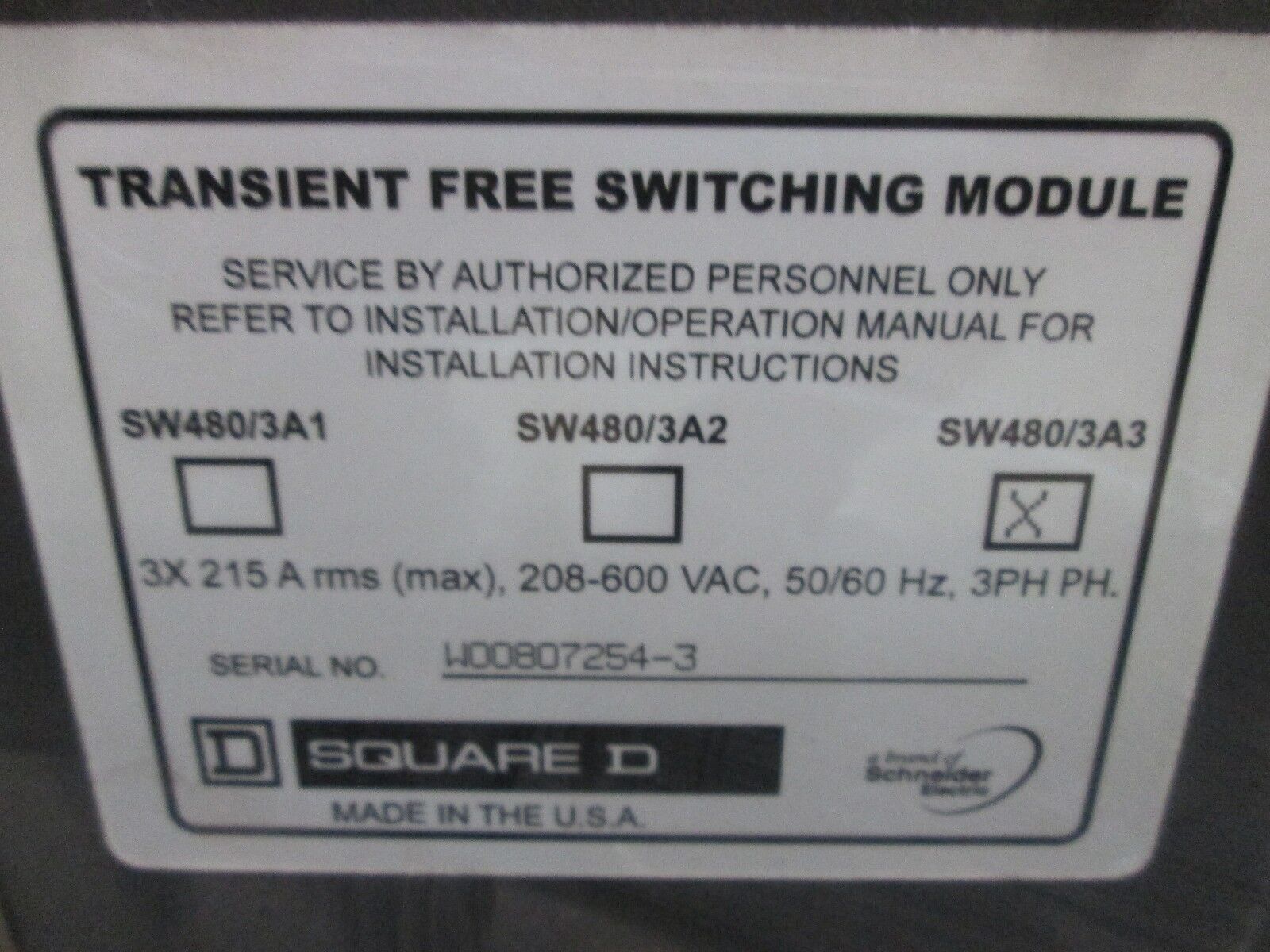 Square D Automatic Capacitor Switching Module SW480/3A3 208-600V 3Ph Used
