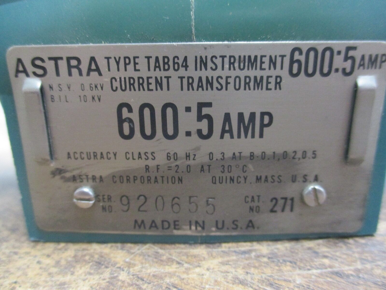 Astra Type TAB64 Current Transformer 271 Ratio 600:5A 600V 60Hz 10KV BIL Used