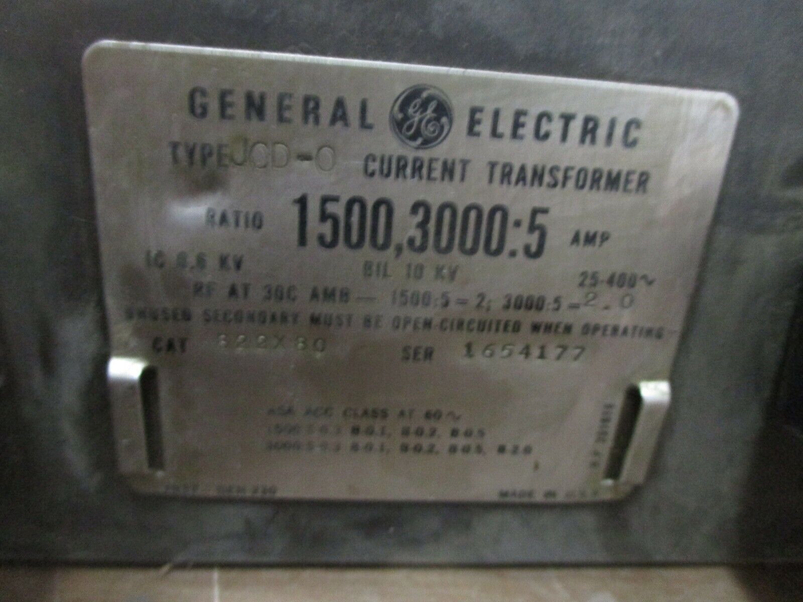 GE Type JCD-0 Current Transformer 822X80 Ratio 1500/3000:5A 600V 24-400Hz Used