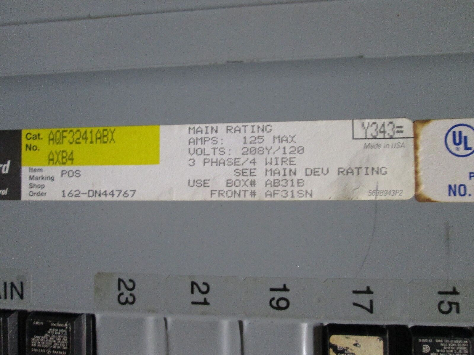 GE Main Circuit Breaker Panel AQF3241ABX AXB4 100A Main Breaker 125A 208Y/120V