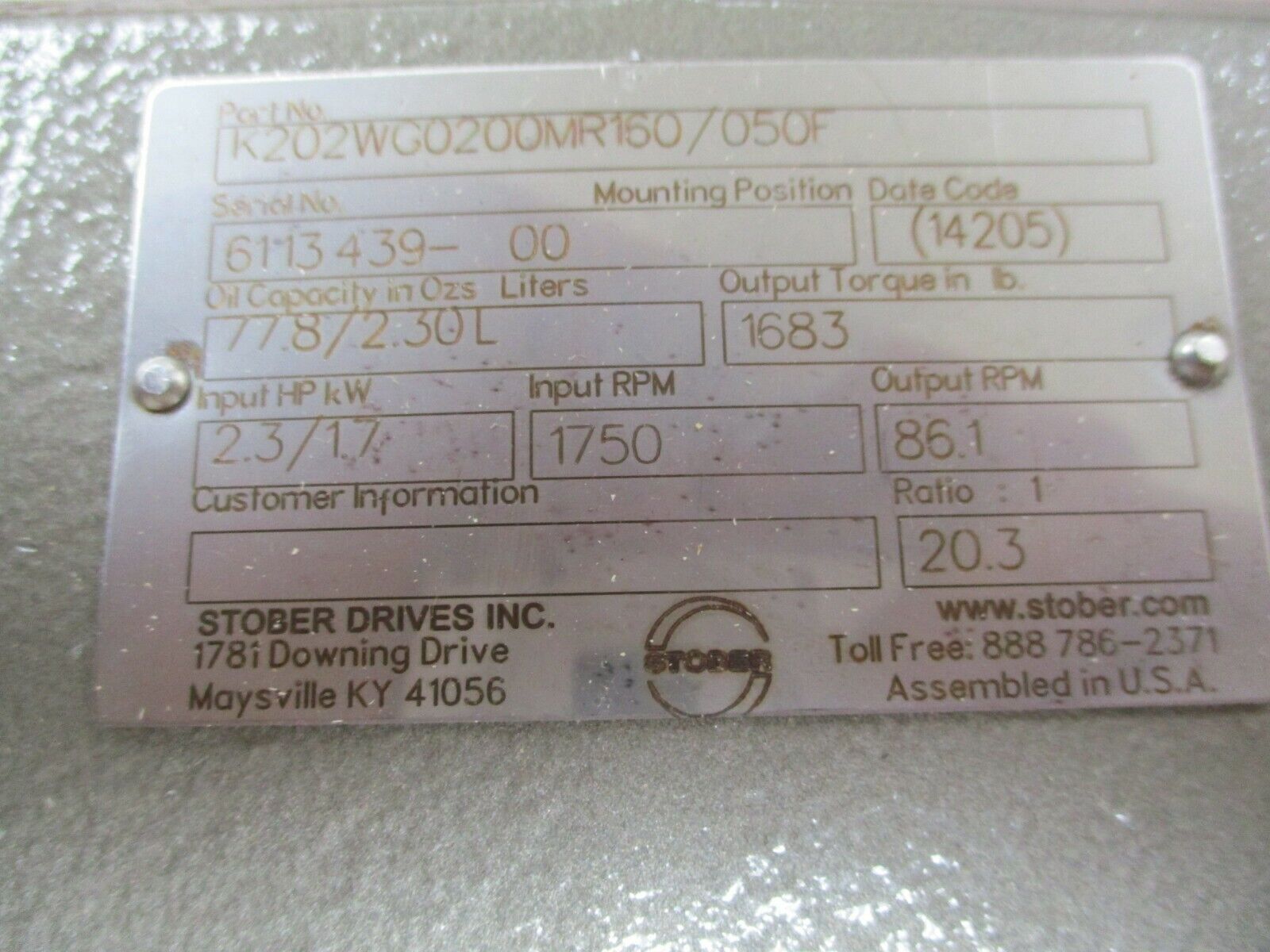 Stober Gear Reducer K202WG0200MR160/050F Ratio 20.3:1 2.3HP In New Surplus