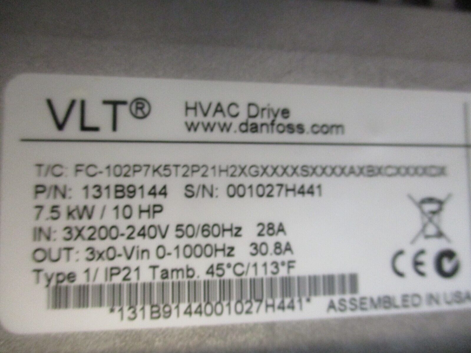 Danfoss VLT AC Drive 131B9144 10HP 3Ph w/ Keypad Used