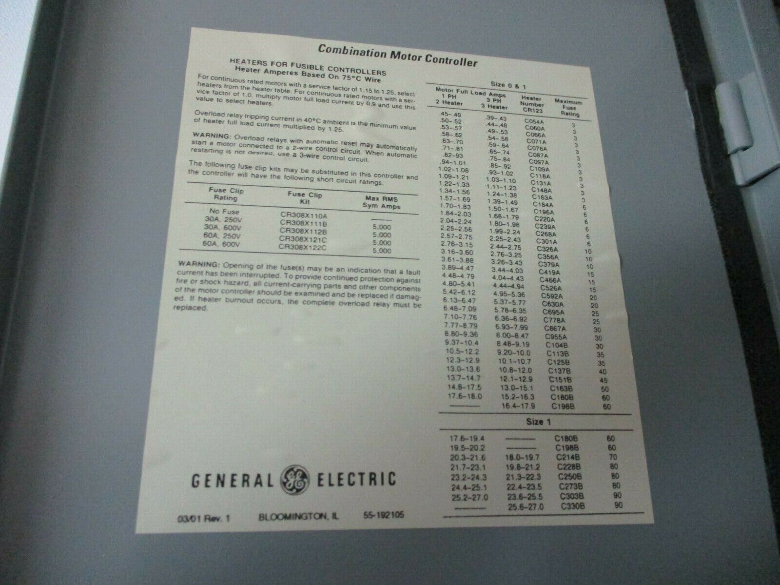 GE Non-Fusible Size 1 Combination CR308C104AAATAA 115-120V Coil 27A 600V Used