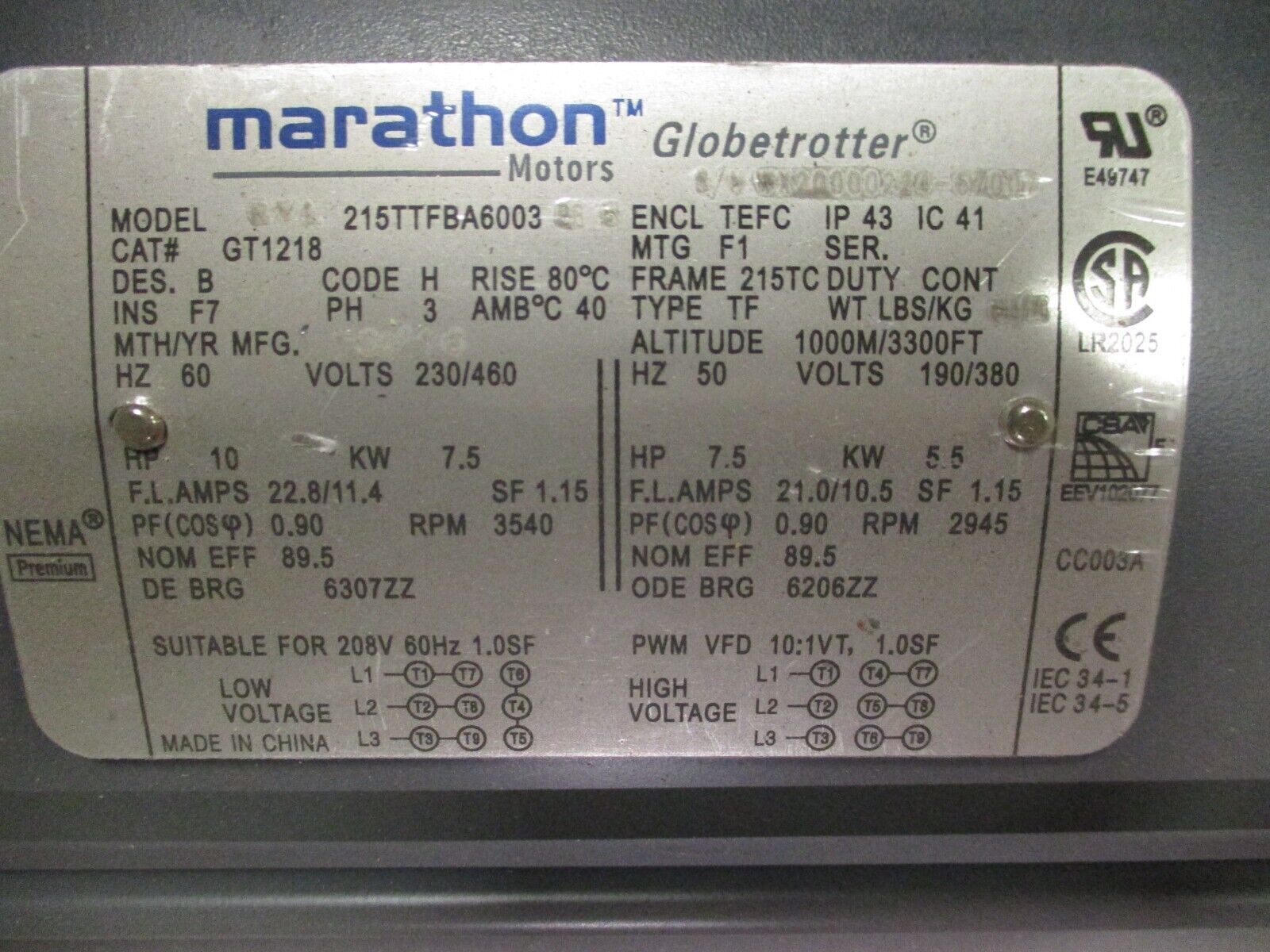 Marathon Motor 215TTFBA6003 10HP 3600RPM 230/460V 22.8/11.4A 60Hz 3Ph