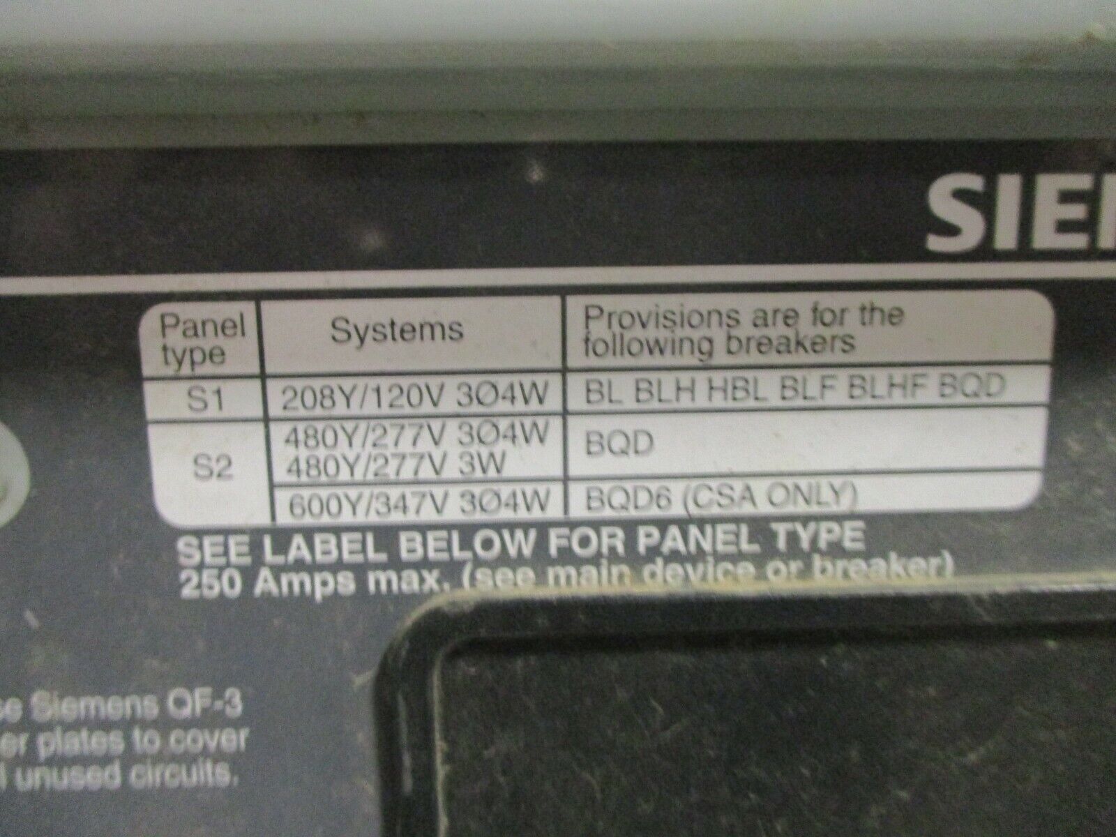 Siemens Main Lug Breaker Panel S1C30ML125ATS 250A Max 208Y/120 3Ph 4W Used