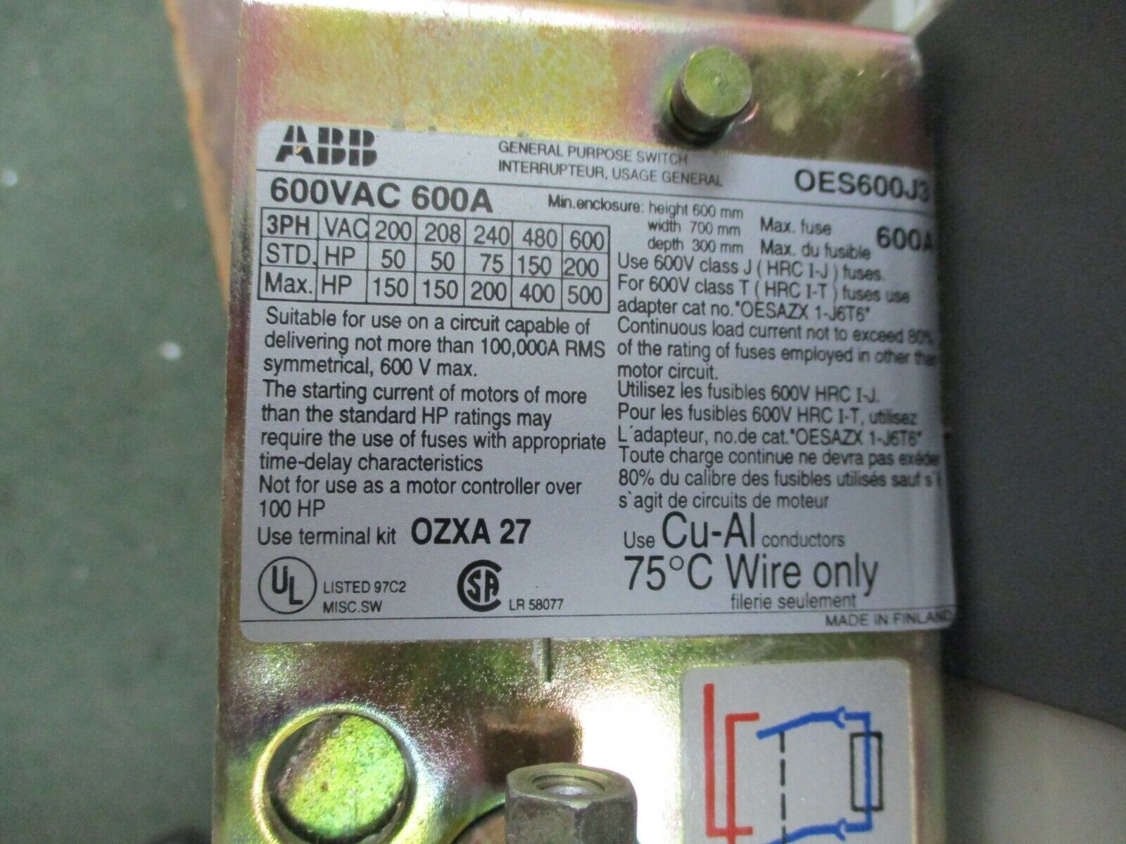 ABB Fusible Disconnect Switch w/ Fuses OES600J3 600A 600V 3P w/ (3) 600A Fuses