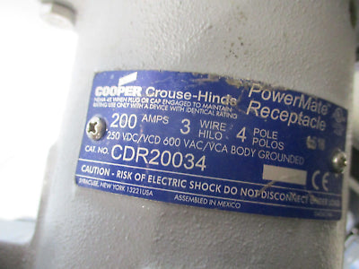 Cooper Crouse-Hinds PowerMate Receptarle CDR20034 200A 600V 3W 4P Used