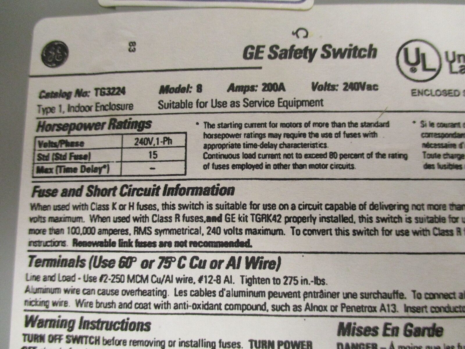 GE Fusible Safety Switch/Disconnect TG3224 200A 240V 1Ph Type 1 Enclosure Used