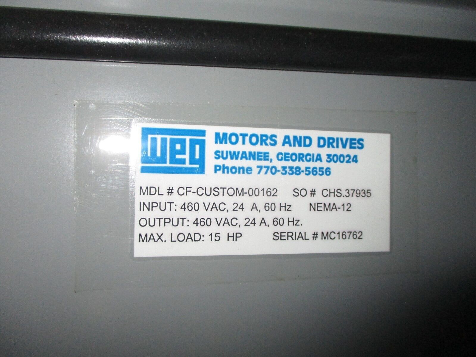 WEG AC Drive CF-CUSTOM-00162 15HP Input: 460VAC 24A 60Hz Output: 460VAC 24A 60Hz