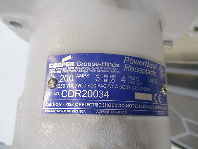 Cooper Crouse-Hinds PowerMate Receptacle CDR20034 200A 600V 3W 4P Used