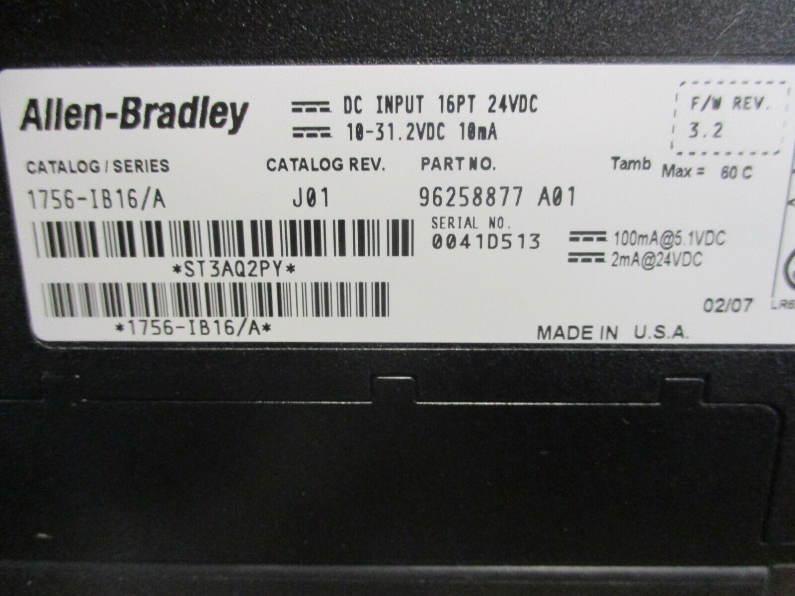 Allen-Bradley DC Input Module 1756-IB16 Series A Firmware 3.2 16PT Rev. J01 Used