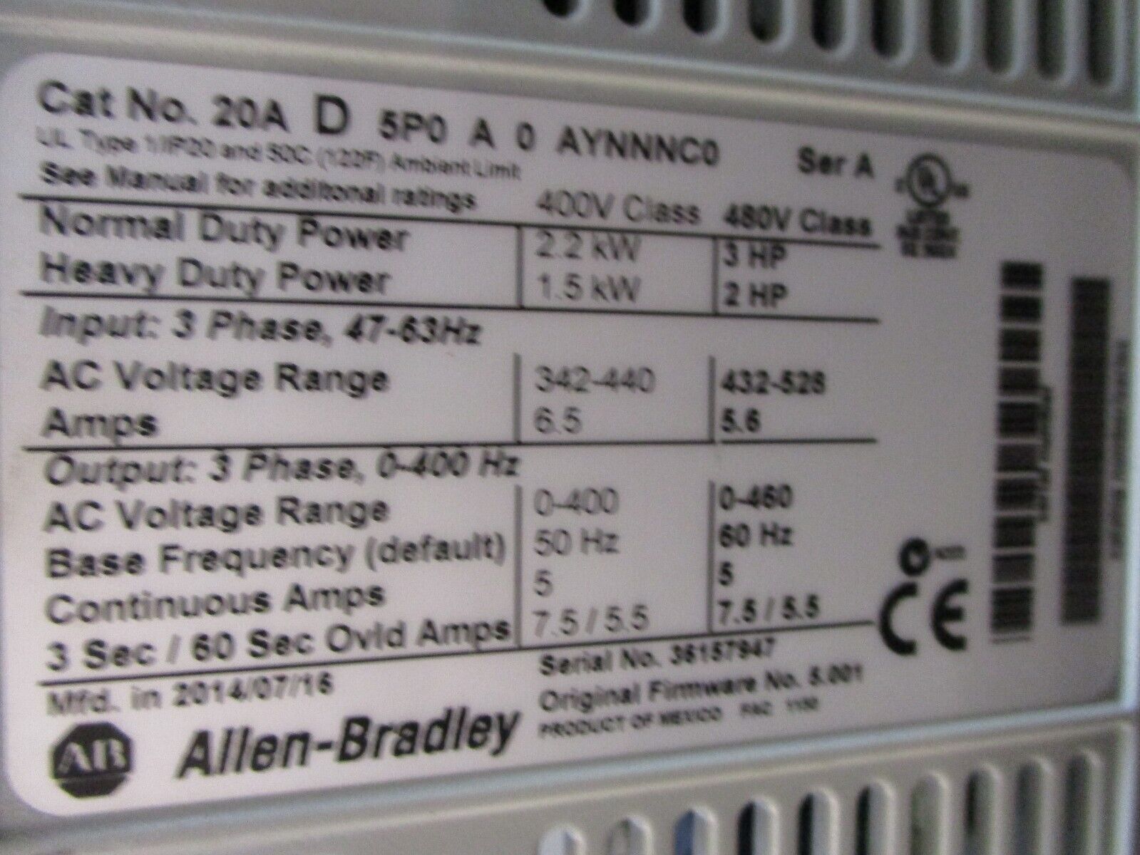Allen-Bradley PowerFlex 70 AC Drive 20AD5P0A0AYNNNC0 3HP 3Ph *No Keypad* Used
