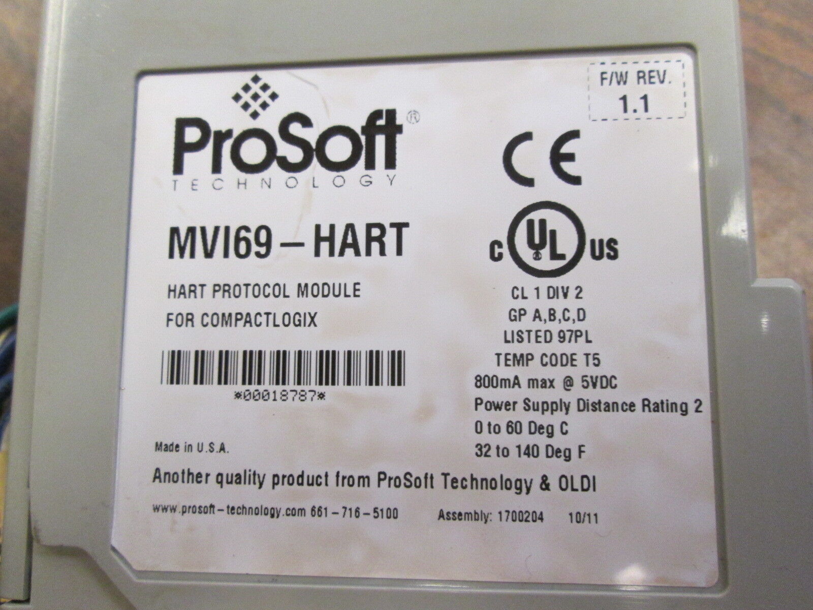 ProSoft CompactLogix Hart Protocol Module MVI69-HART F/W Rev 1.1 800mA@5VDC Used