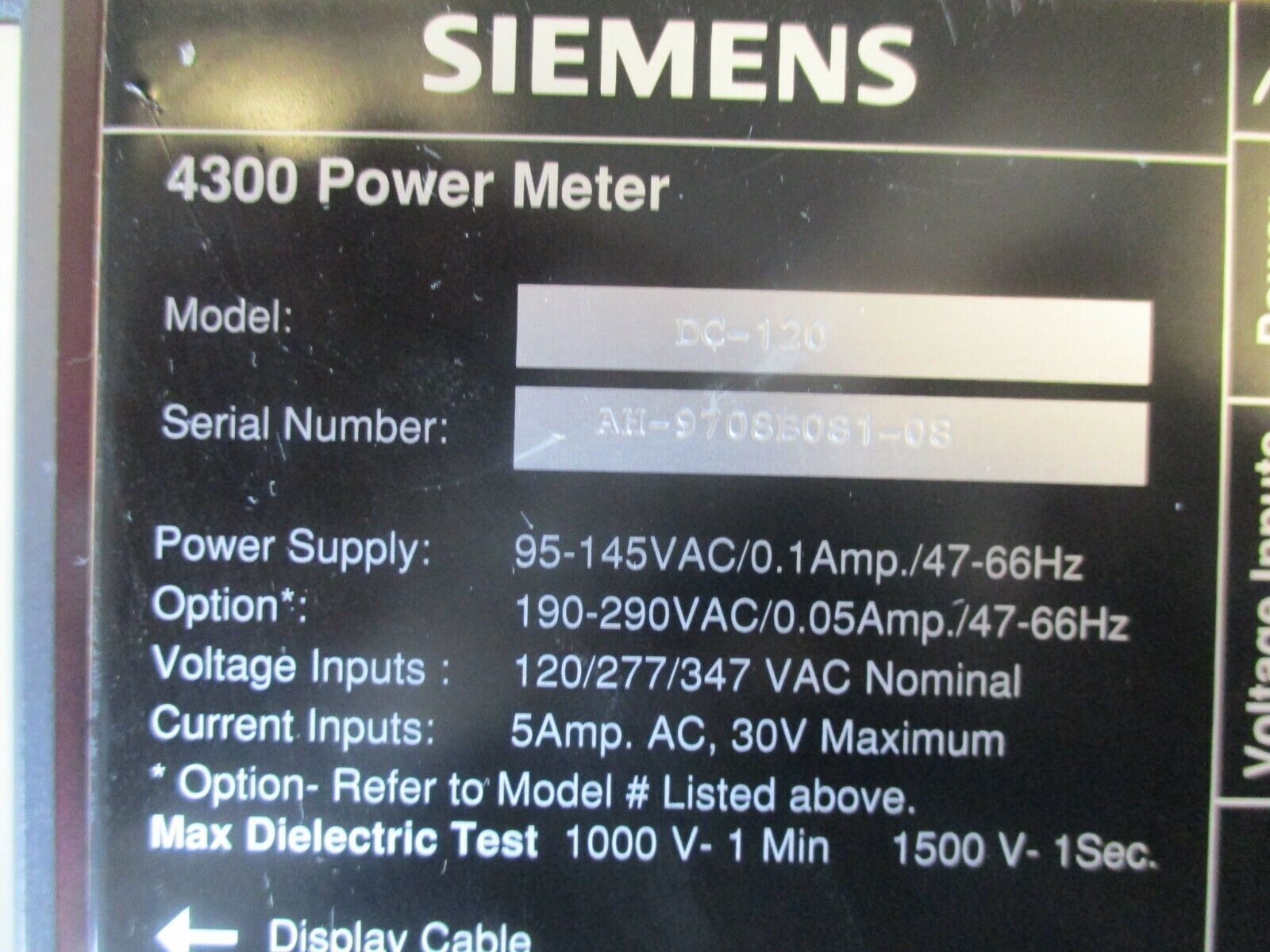 Siemens 4300 Power Meter & Display Module DC-120 4300 *No Cable* Used