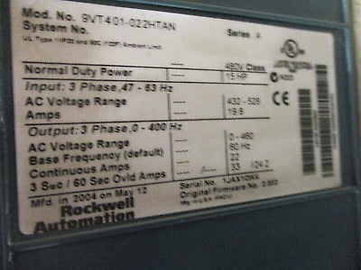 Rockwell Automation VTAC 9 AC Drive w/ Bypass 9VT401-022HTAN 15HP 3Ph w/ Keypad