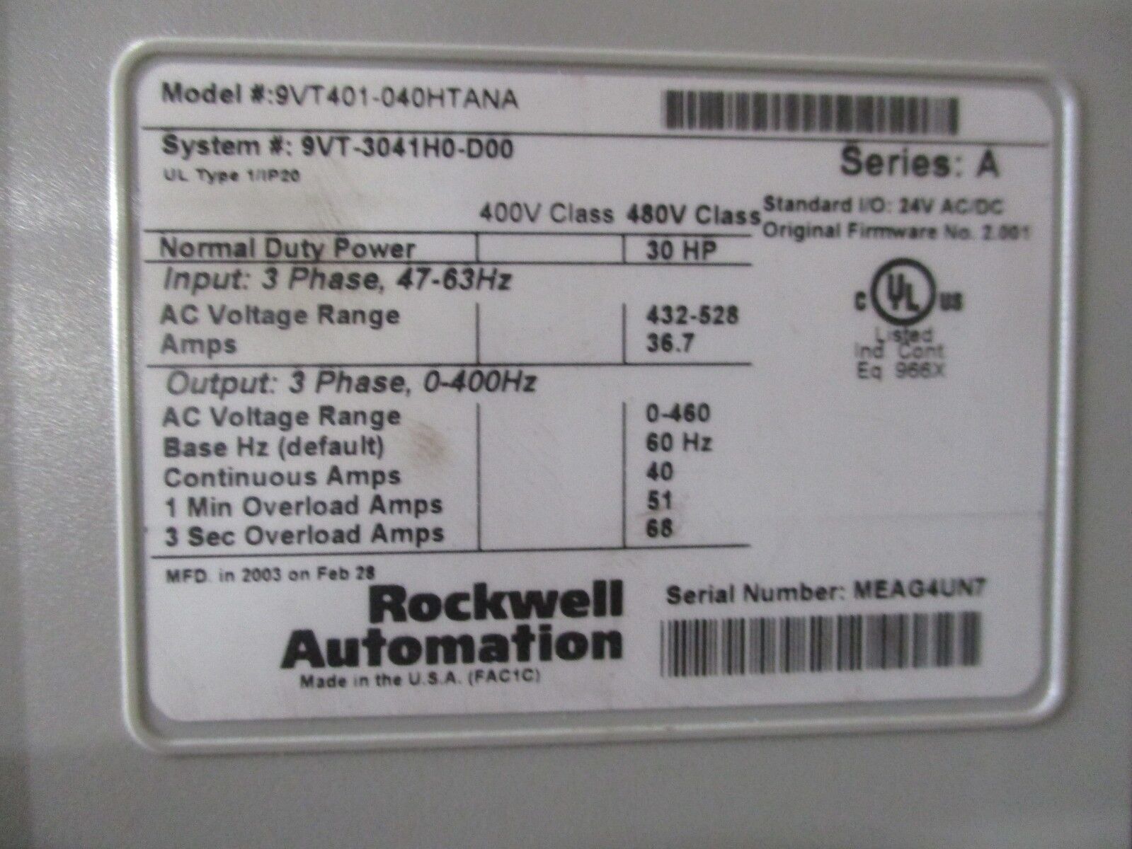 Rockwell Automation VTAC9 AC Drive w/ Disconnect 9VT401-040HTANA 30HP 3Ph Used