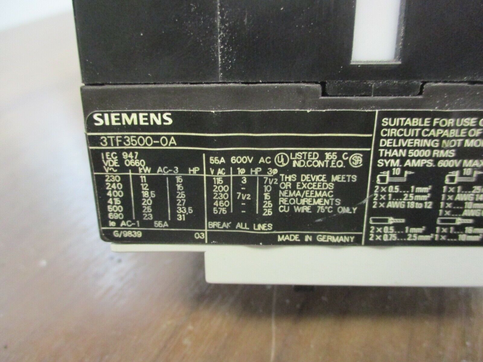 Siemens Contactor 3TF3500-0A 230V Coil 55A 600V *Chipped Corner* Used