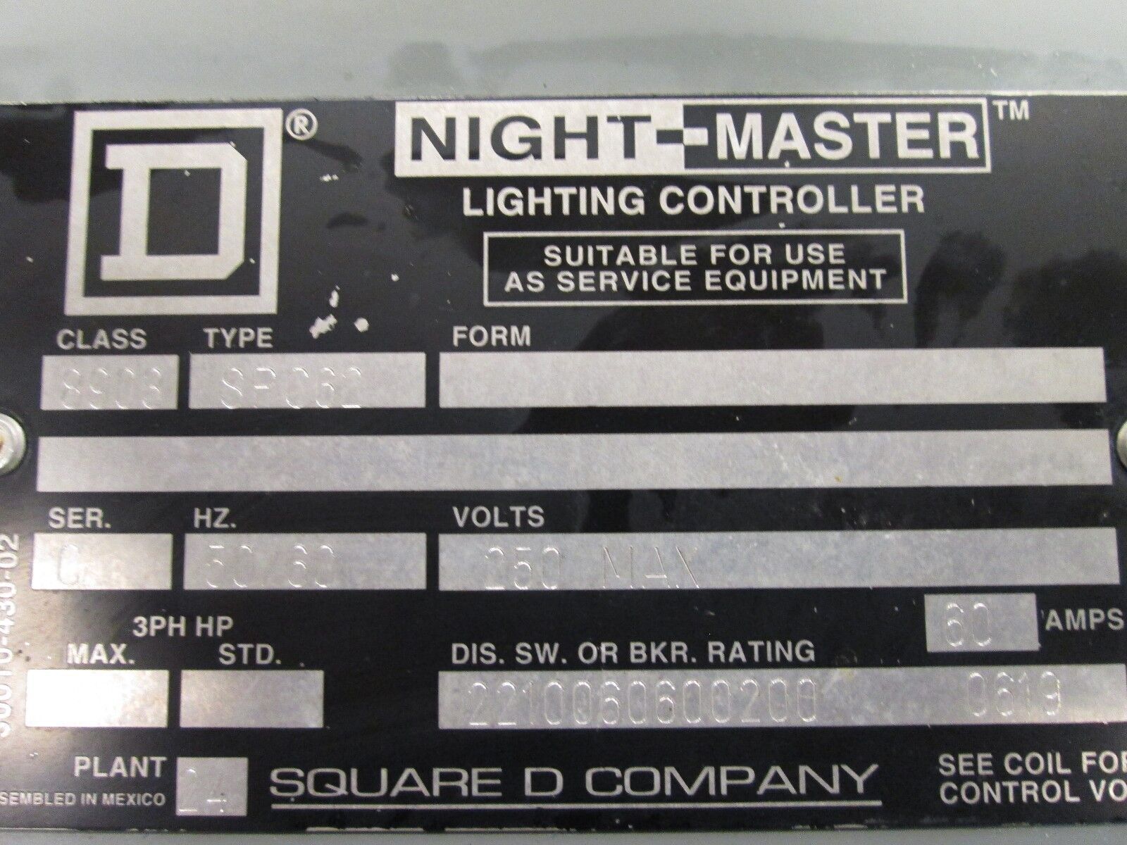 Square D Night Master 8903 SPC62 60A 250V 120V Coil Used