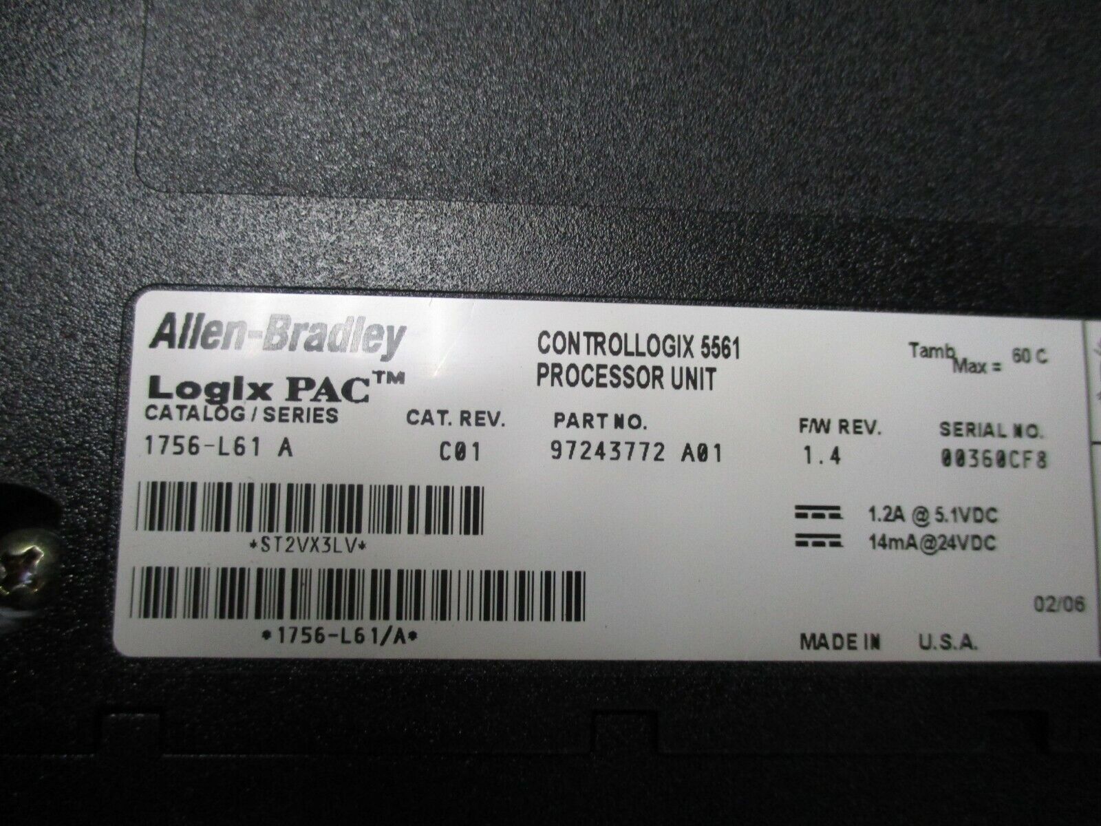 Allen-Bradley LogixPAC Controllogix 5561 Processor Module 1756-L61 Ser. A Used