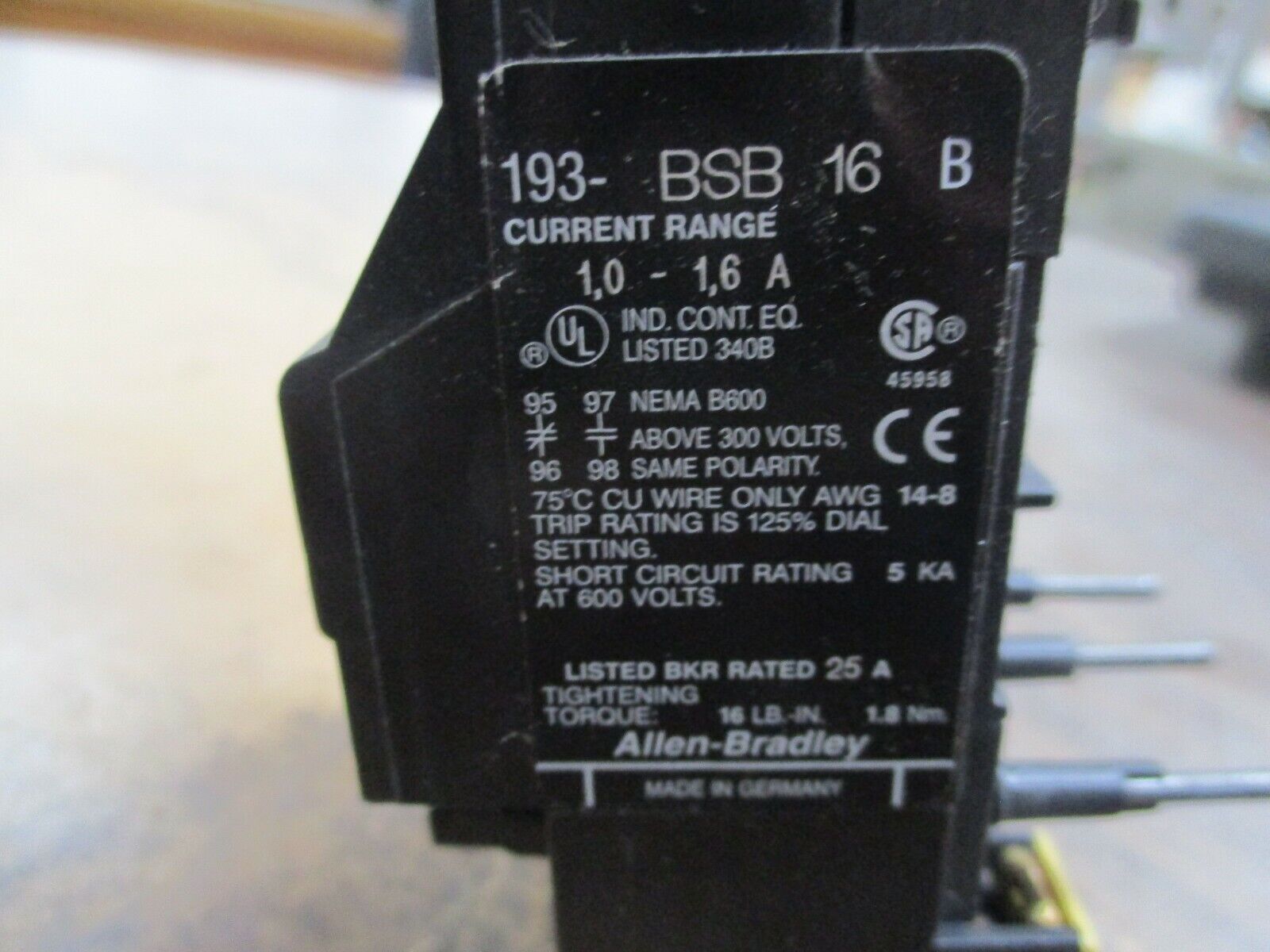 Allen-Bradley Solid State Overload 193-BSB 16 B Trip: 1.0-1.6A Used