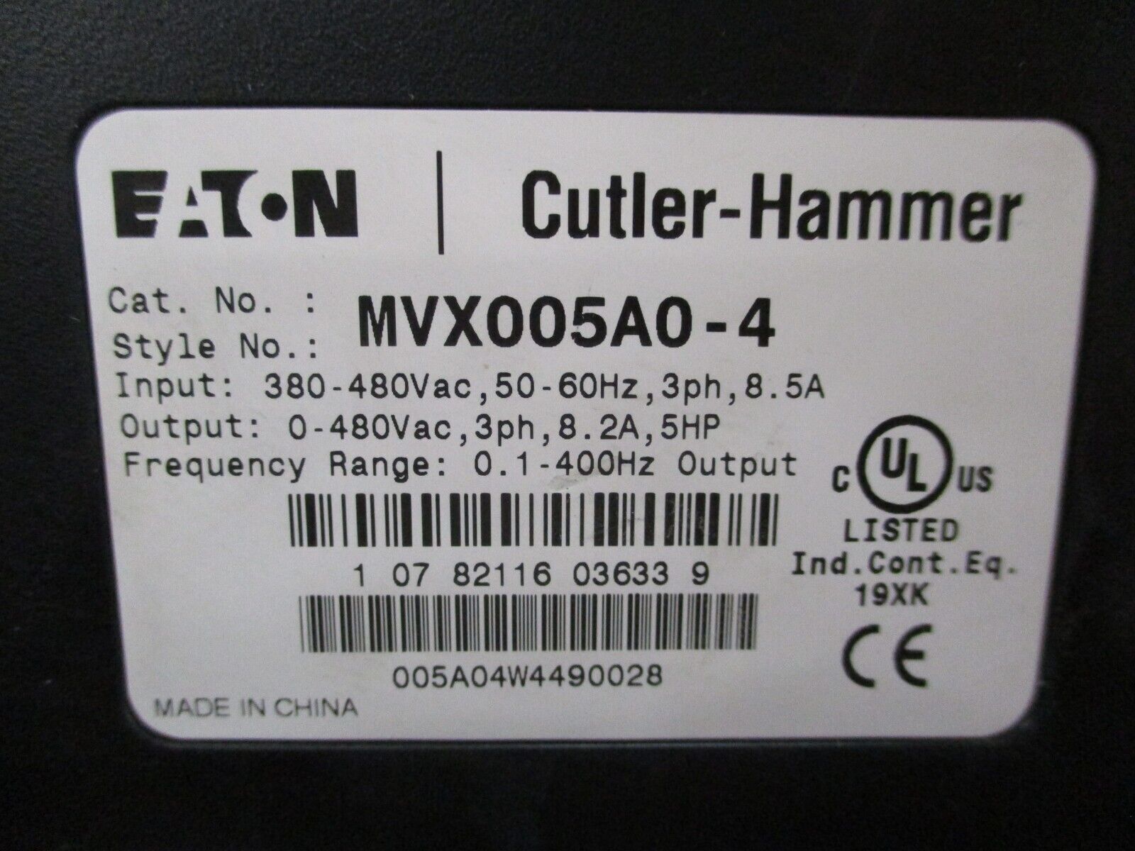 Eaton MVX9000 Sensorless Vector AC Drive MVX005A0-4 5HP 3Ph w/ Keypad Used