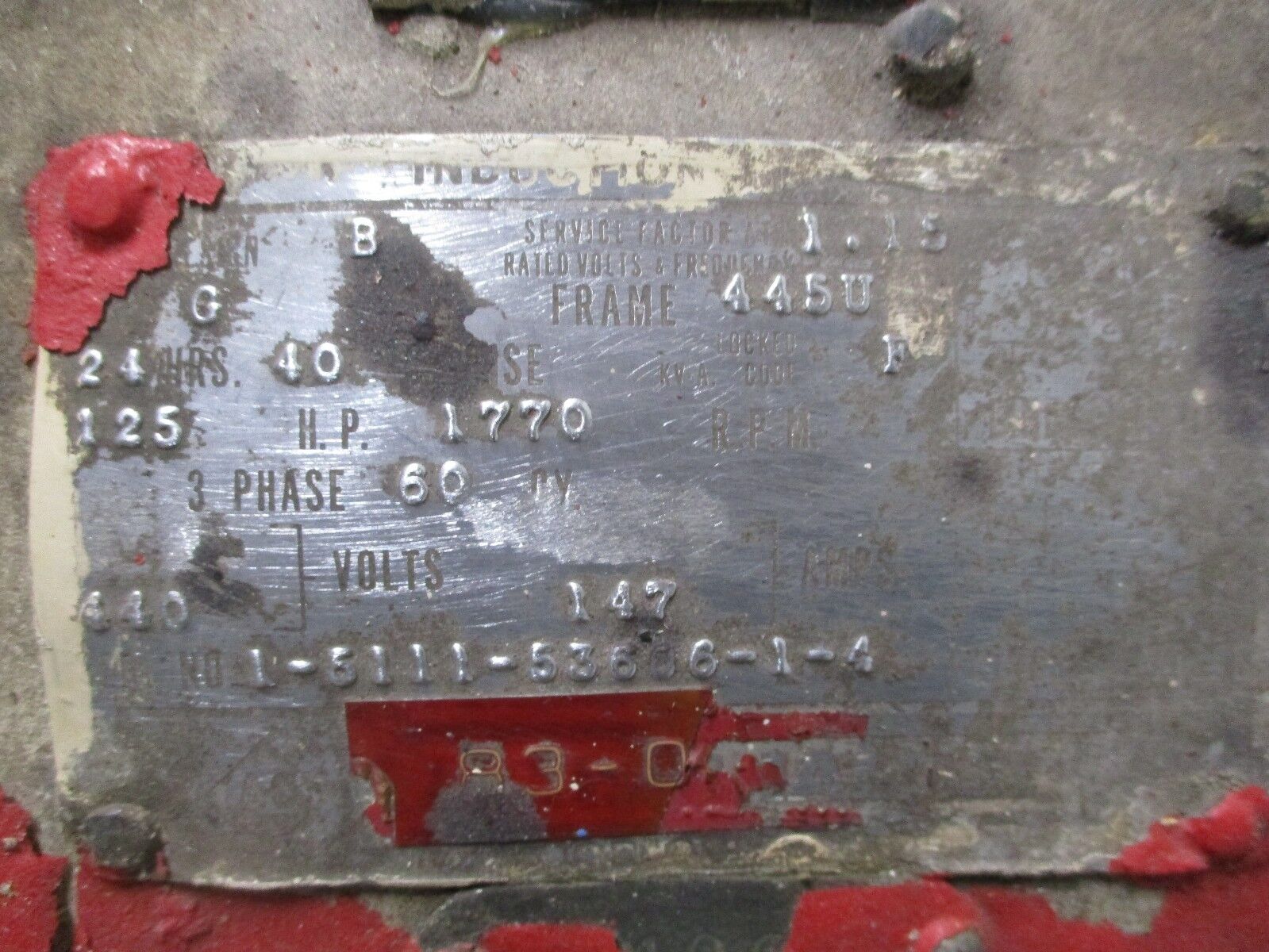 Allis AC Motor 125HP 1800RPM 440V 147A 60Hz 3Ph 445U Frame Used