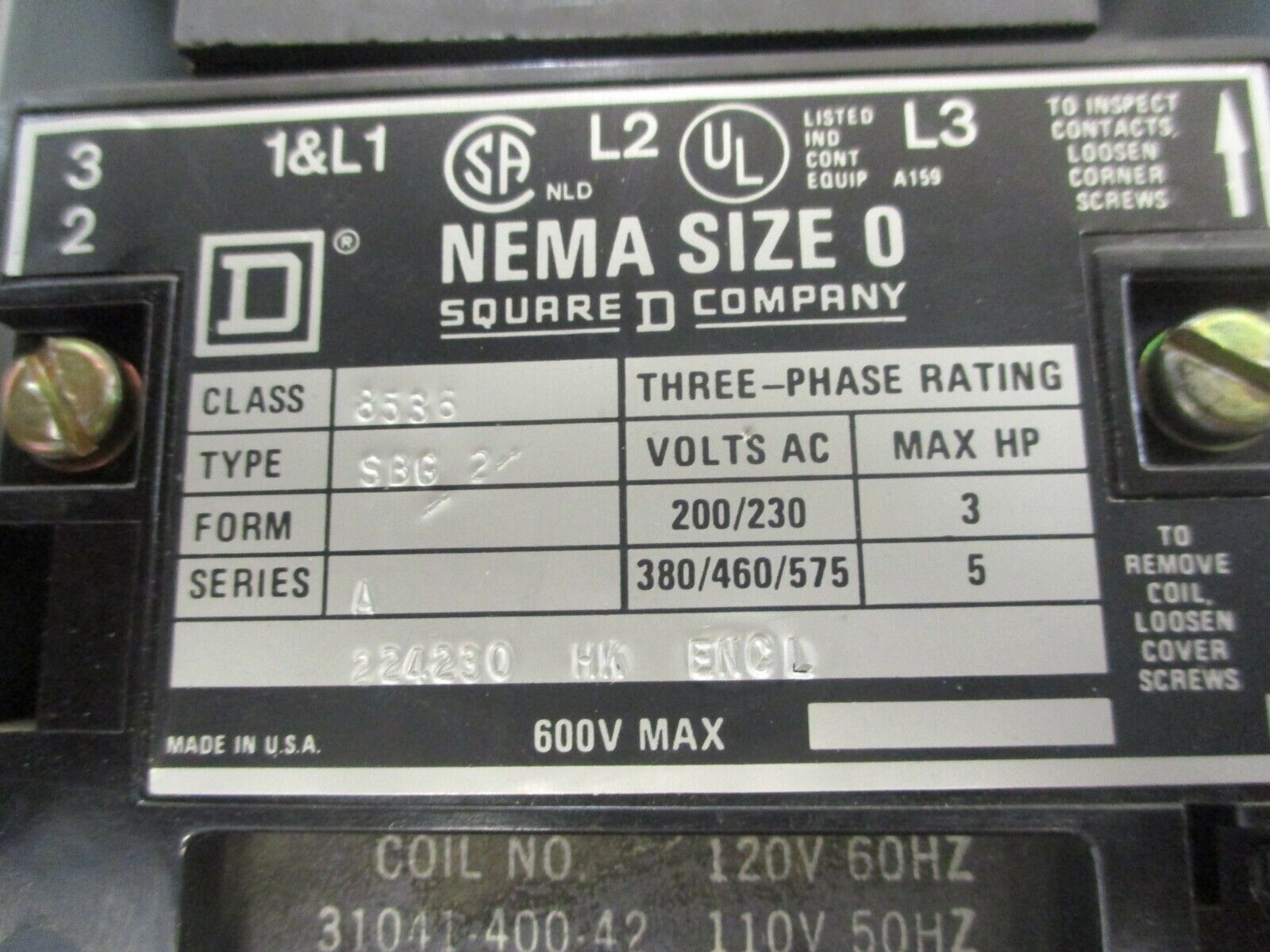 Square D Enclosed Starter 8536 SBG 2 Ser. A 120V Coil 600V Type 1 Enclosure Used