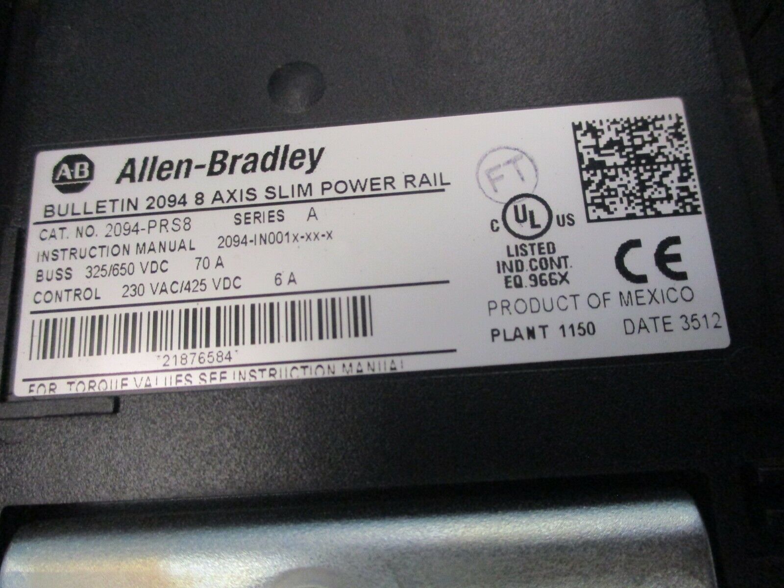 Allen-Bradley 8-Axis Slim Power Rail 2094-PRS8 Ser. A Buss: 325/650VDC, 70A Used