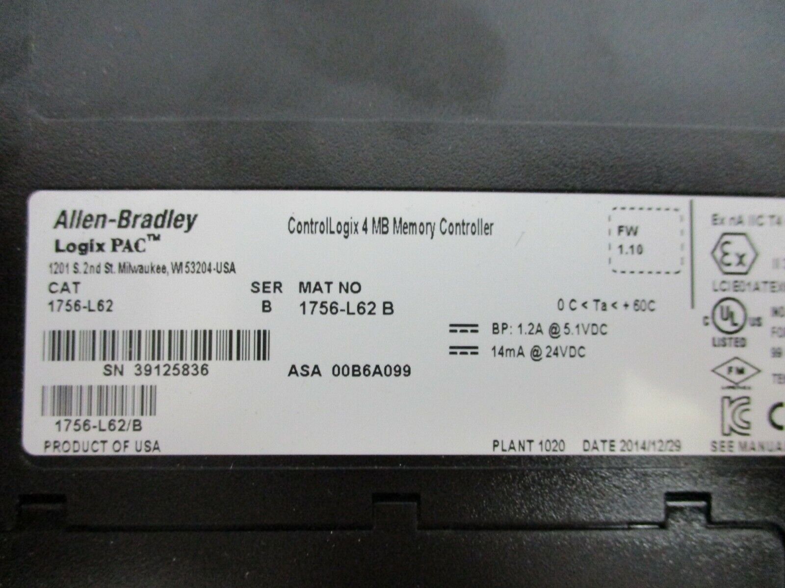 Allen-Bradley Logix PAC ControlLogix 4MB Memory Controller 1756-L62 Ser B Used