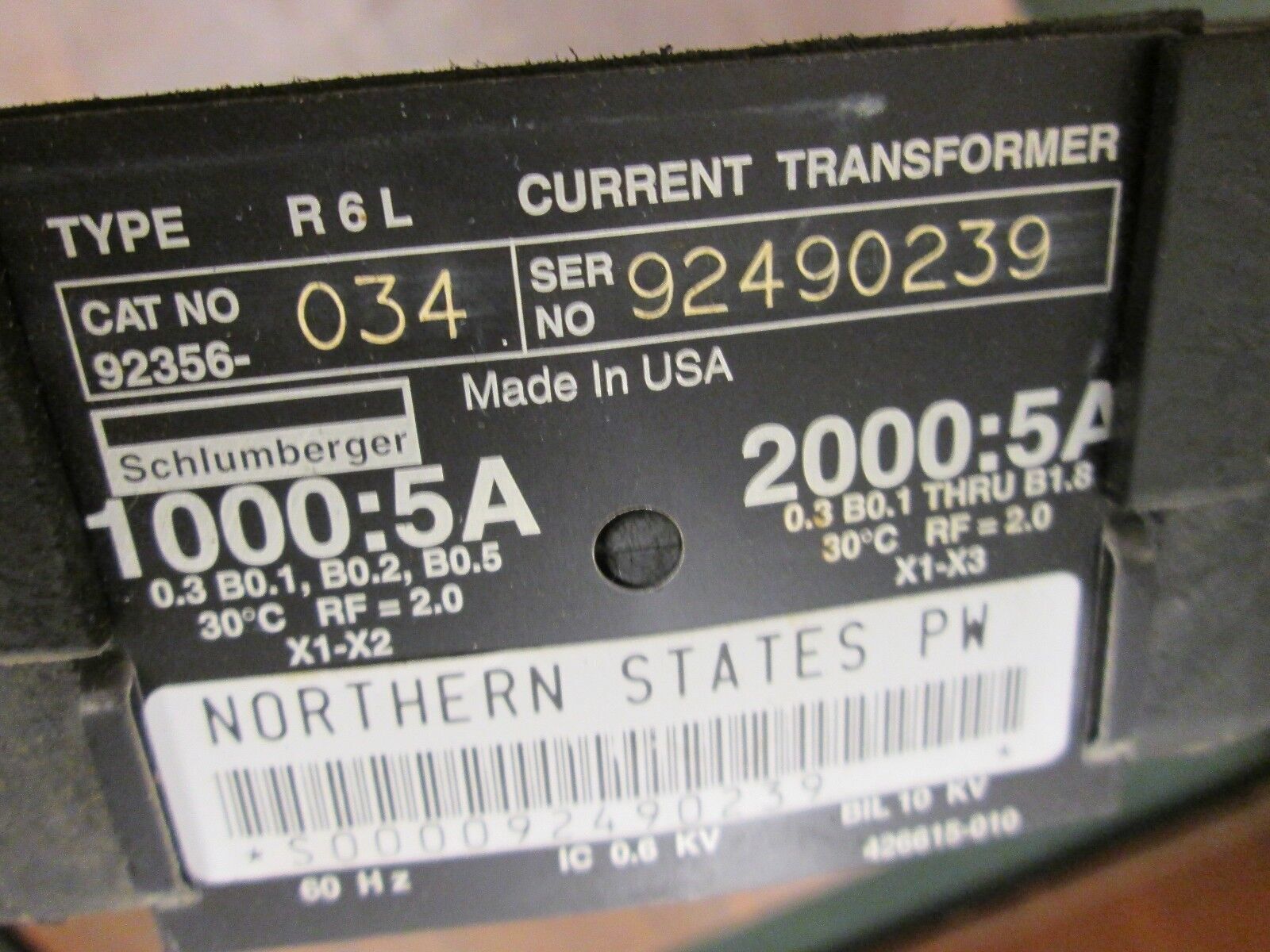 Schlumberger Type R6L Current Transformer 92356-034 10KV BIL 60Hz Used