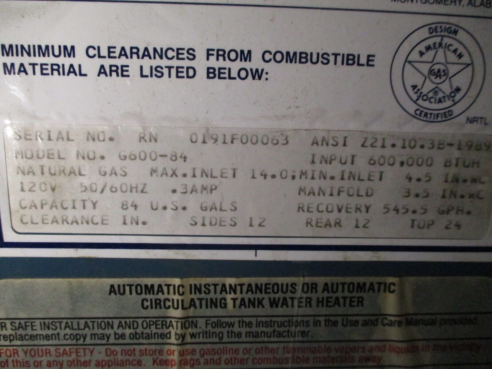 Rheem Natural Gas Water Heater G600-84 Input: 600,000 BTU 84 Gallon 120V 50/60Hz