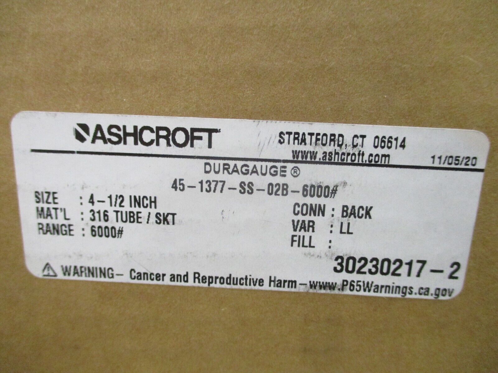 Ashcraft Duragauge Pressure Gauge 45-1377-SS-02B-6000# New Surplus