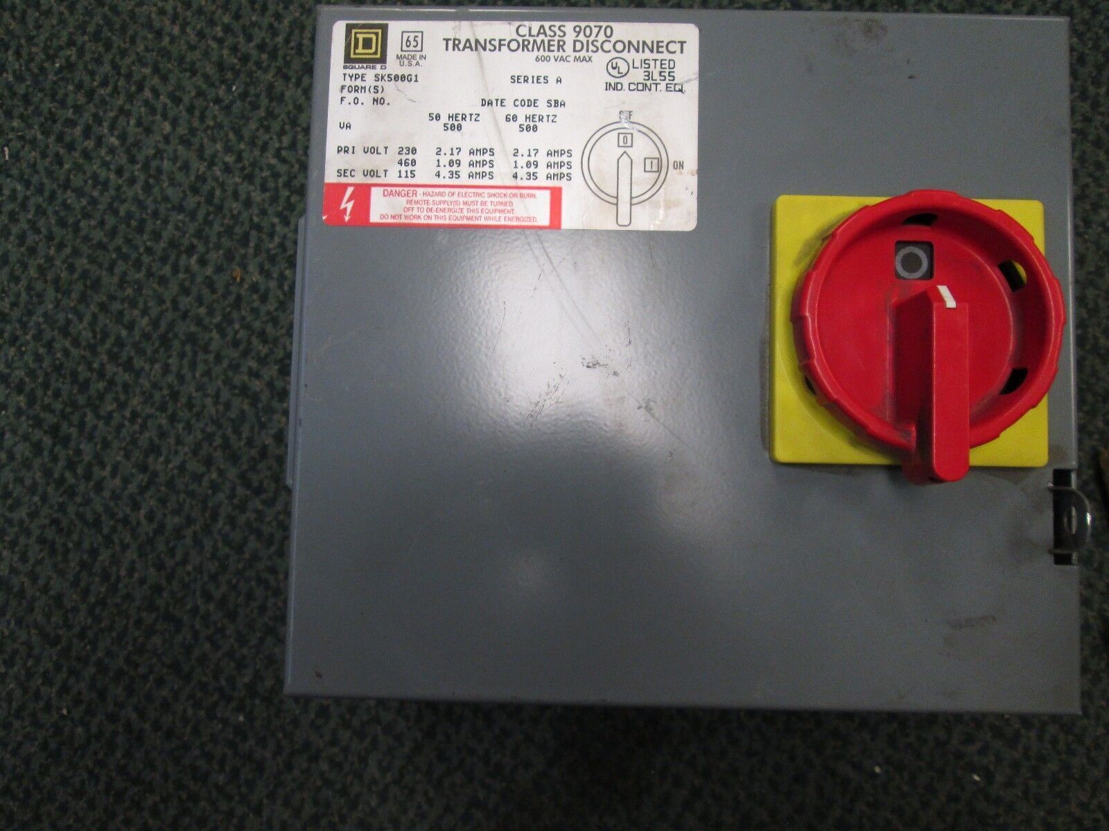 Square D Transformer Disconnect SK500G1 .500KVA Pri 250/460V Sec 115V Used