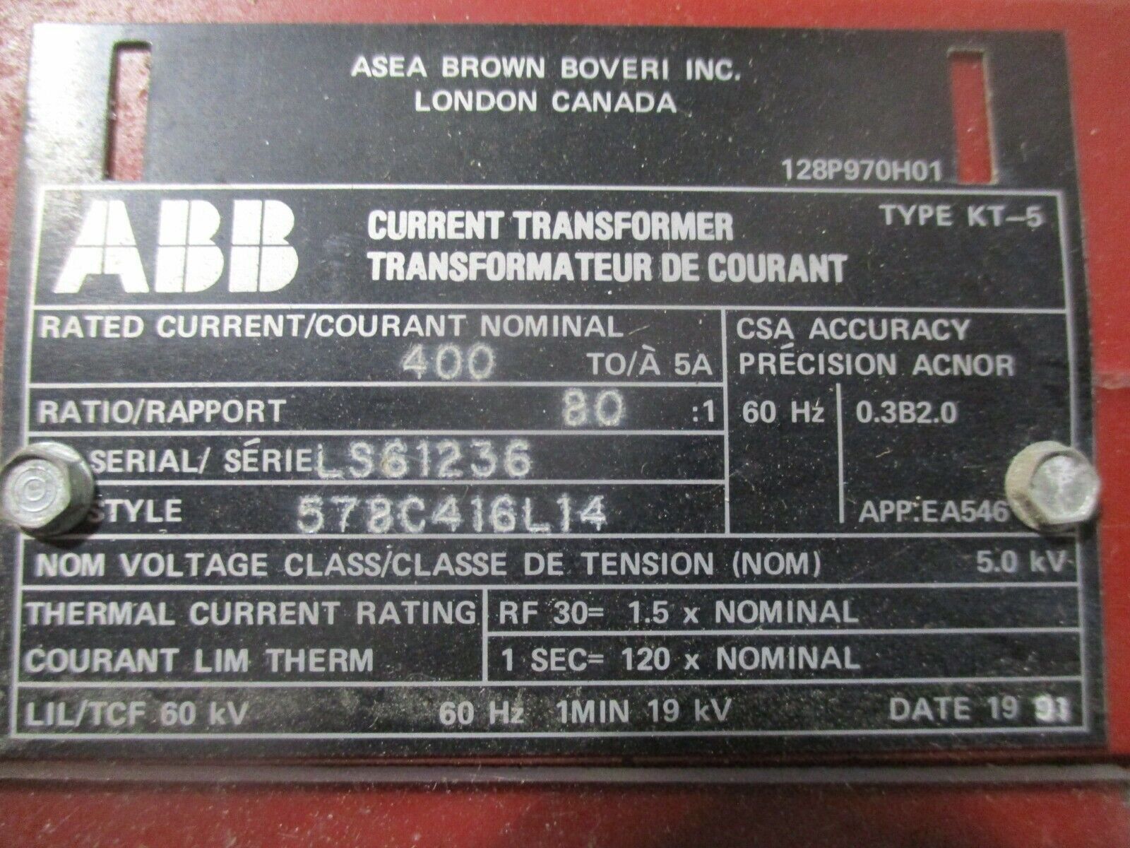 ABB Type KT-5 Current Transformer 578C416L14 Ratio 80:1 5KV 60Hz Used