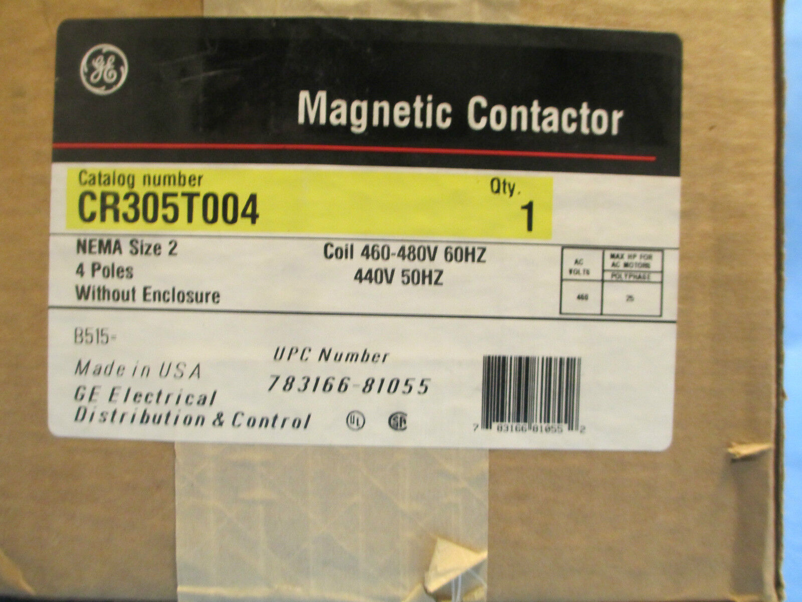 GE Magnetic Contactor CR305T004, Size 2 4P 440-480V Coil, New Surplus