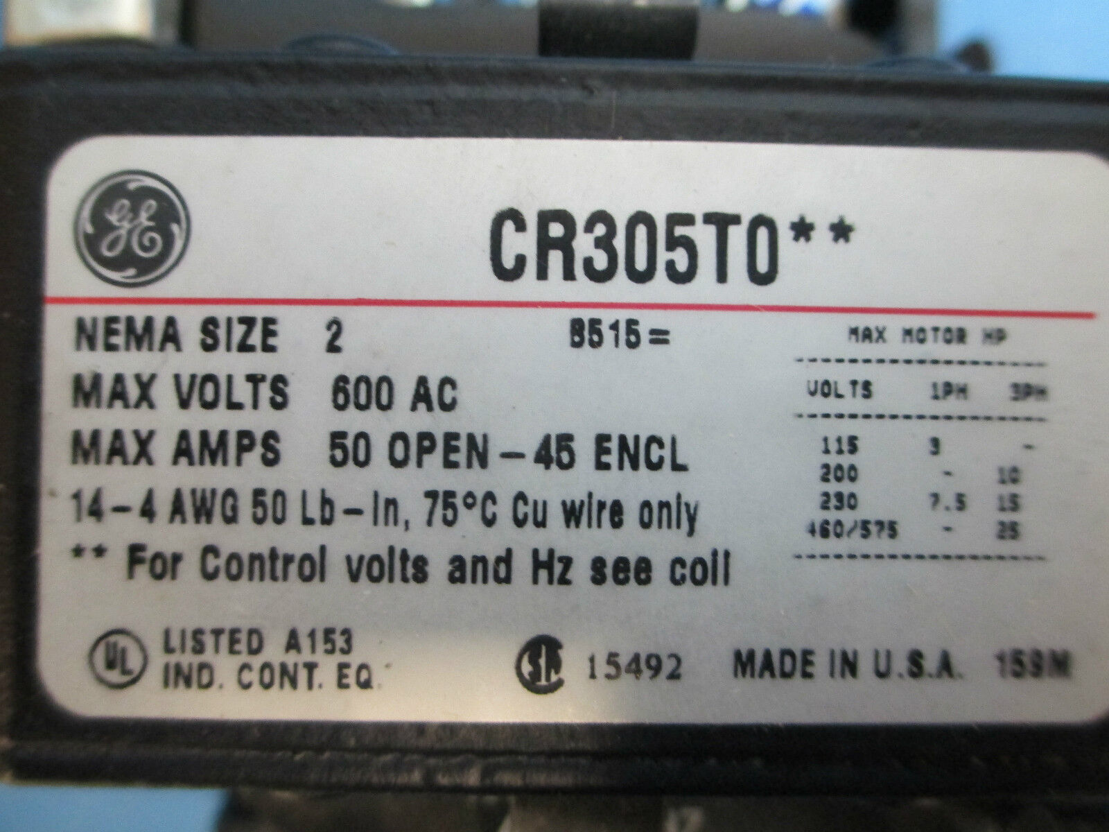 GE Magnetic Contactor CR305T004, Size 2 4P 440-480V Coil, New Surplus
