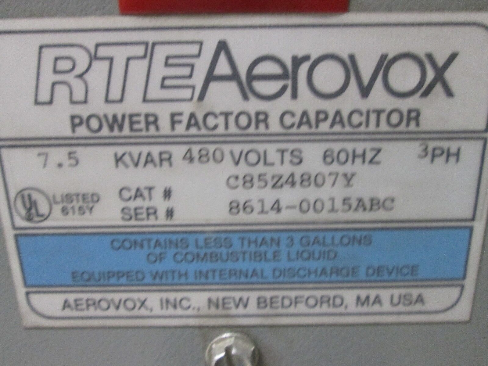 RTE Aerovox Power Factor Capacitor C85Z4807Y 7.5KVAR 480V 60Hz 3Ph Used
