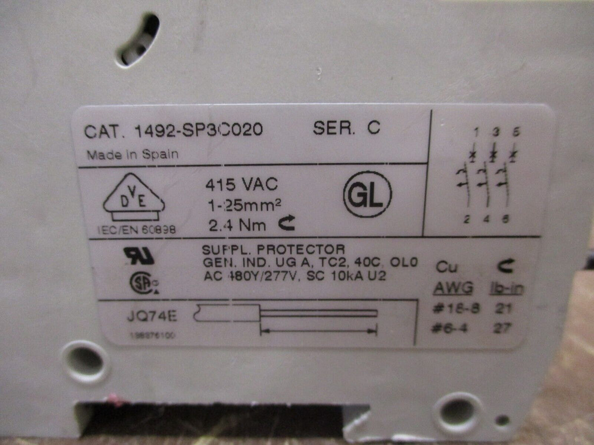 Allen-Bradley Circuit Breaker 1492-SP3C020 Ser. C 2A 480Y/277V 3P Used