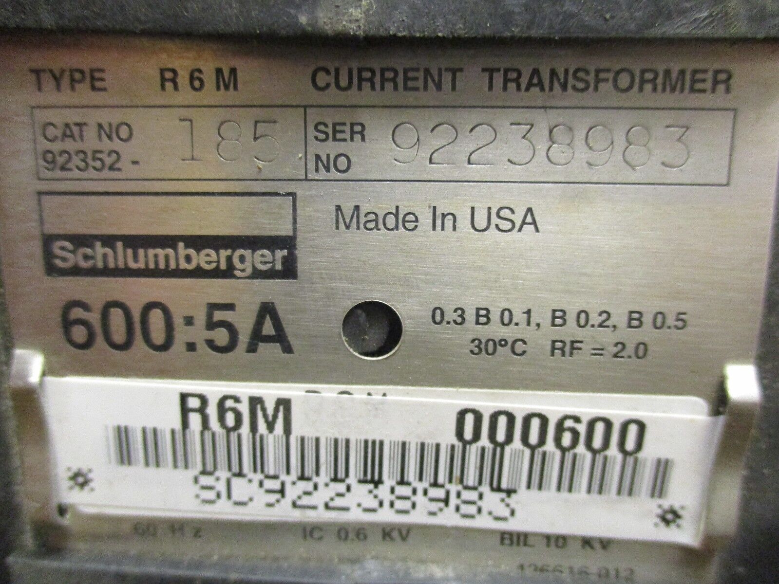 Schlumberger Type R6M Current Transformer 92352-185 Ratio 600:5A 10KV BIL Used