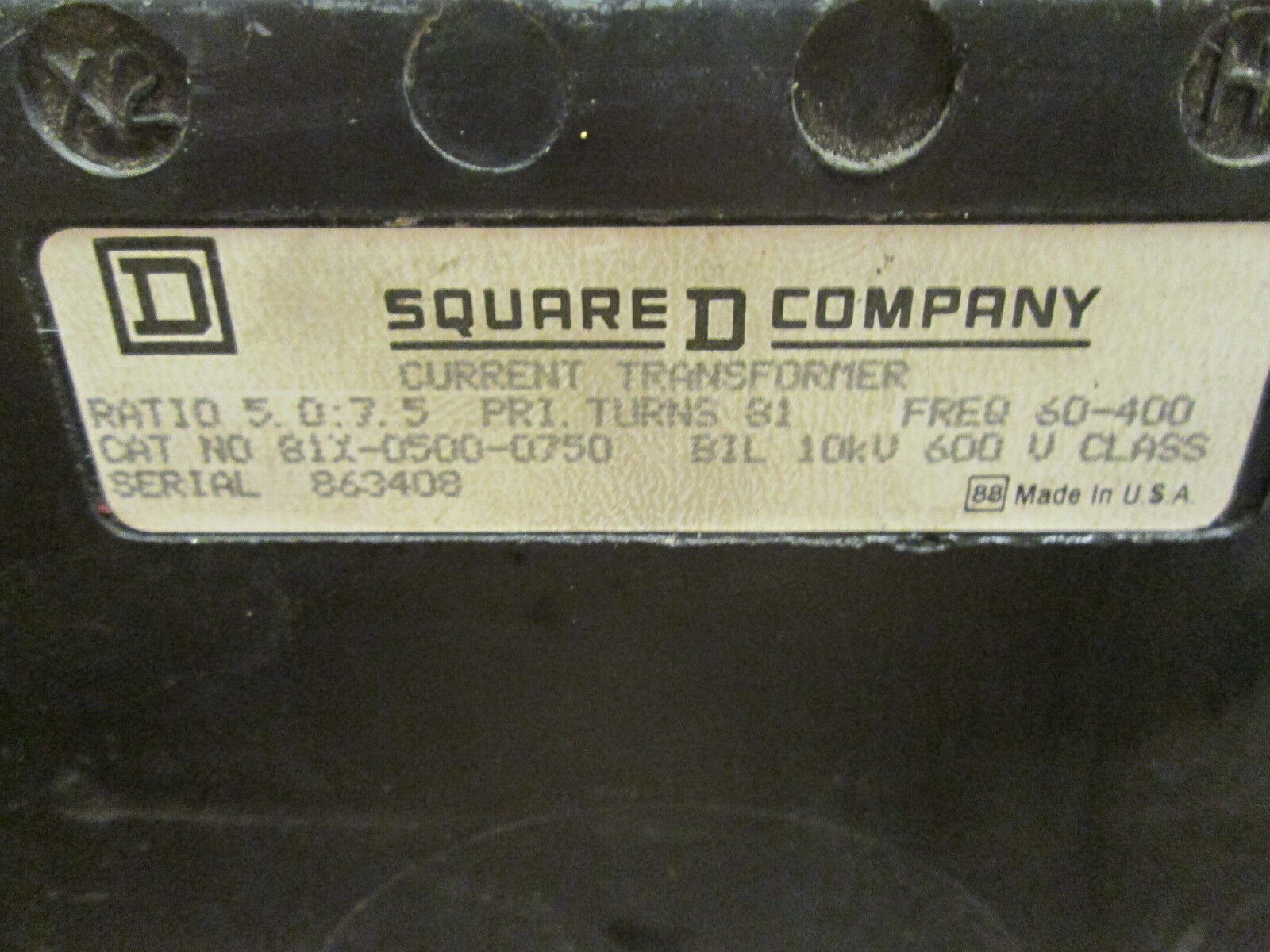 Square D Current Transformer 81X-0500-0750 Ratio 5.0:7.5A 60-400Hz 600V 10KV BIL