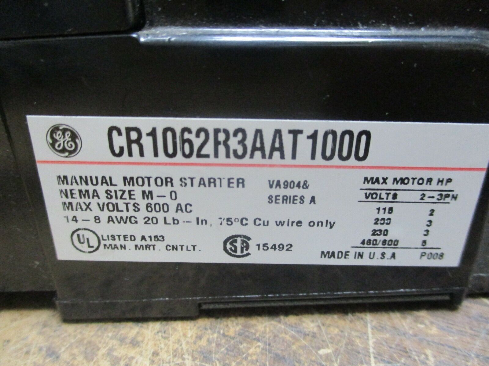 GE Size M-0 Manual Starter CR1062R3AAT1000 Ser. A 600V Used