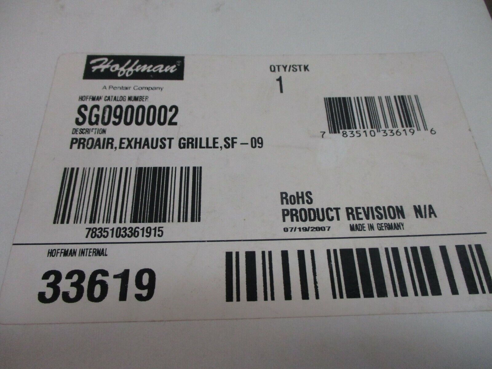 Hoffman Proair Exhaust Grille SG0900002 SF-09 New Surplus